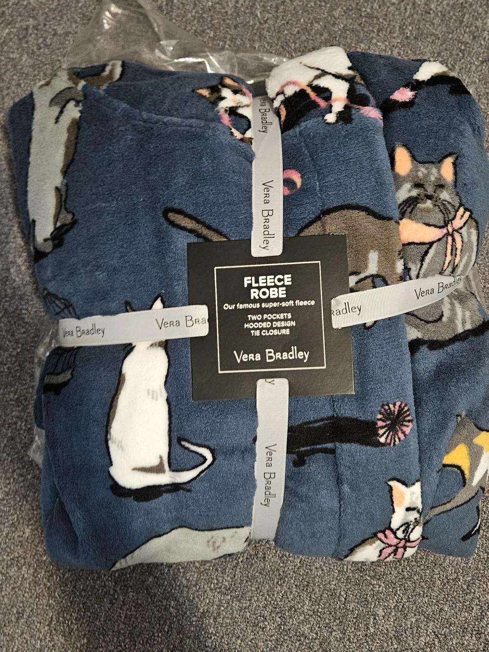 Vera Bradley Navy Cat-Print Fleece Robe with Playful Accents